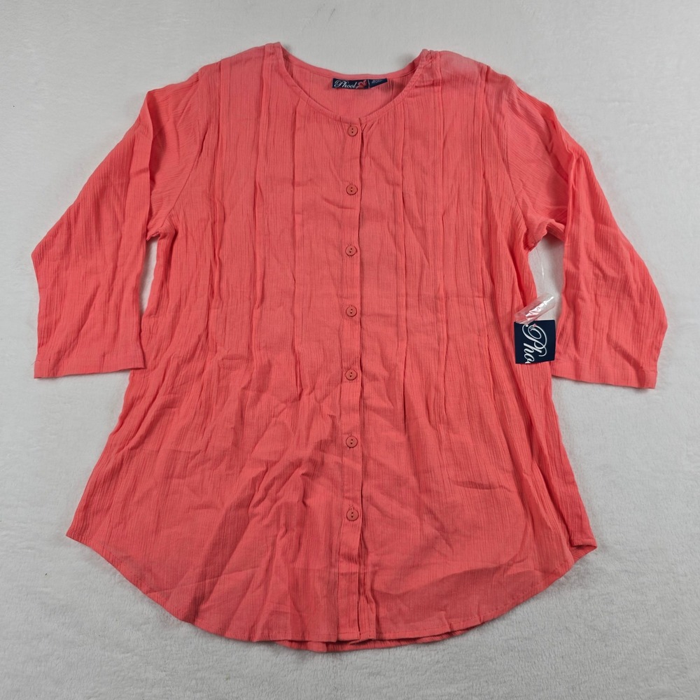 Phool Melon Pink Crinkle Cotton Pintuck Button Front Blouse XL NWT New Gauze